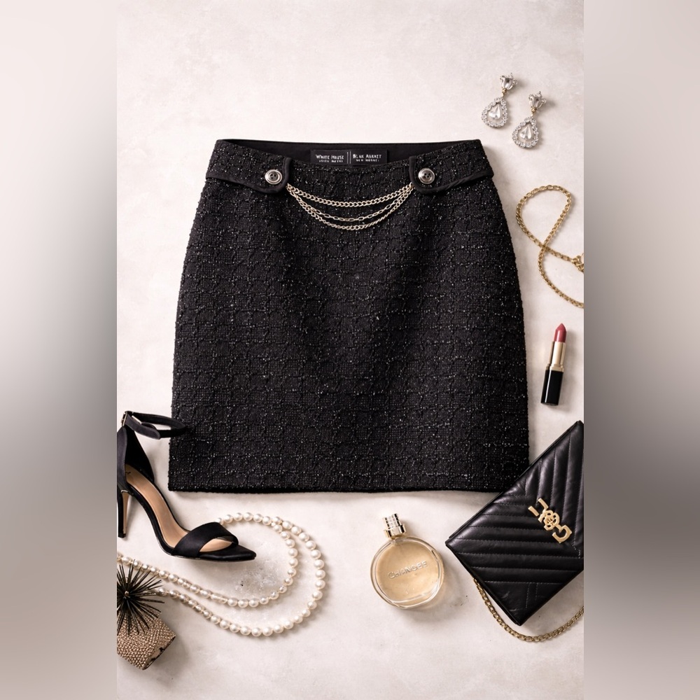 White House Black Market Black Tweed Mini Skirt with Chain